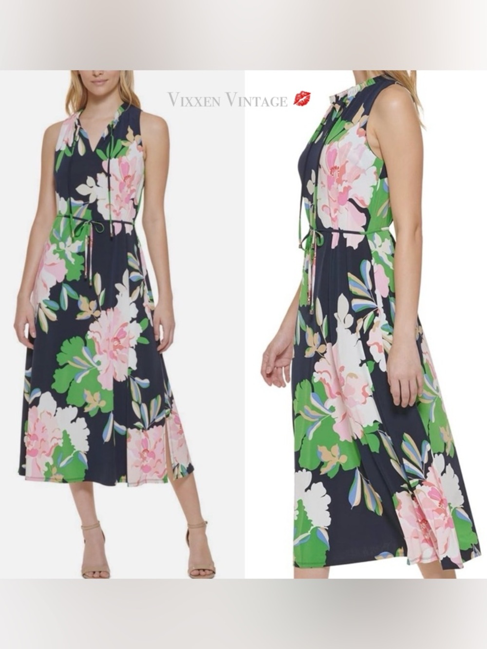 TOMMY HILFIGER SLEEVELESS RUFFLE COLLAR FLORAL BELTED MAXI DRESS IN NAVY